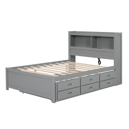 Full Size Platform Bed With Trundle, Drawers, USB Ports And Built In Shelves - Gray - The Sleep Loft - Online Mattress Showroom NYC