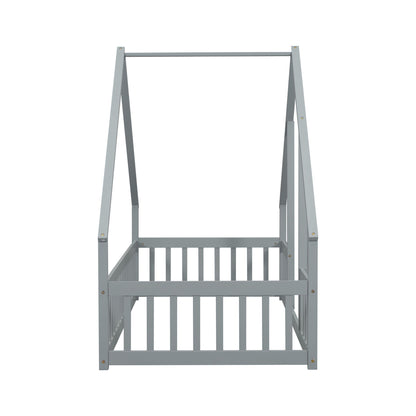 Wood House-Shaped Floor Bed With Fence, Guardrails - The Sleep Loft - Online Mattress Showroom NYC
