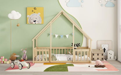 Wood House-Shaped Floor Bed With Fence, Guardrails - The Sleep Loft - Online Mattress Showroom NYC