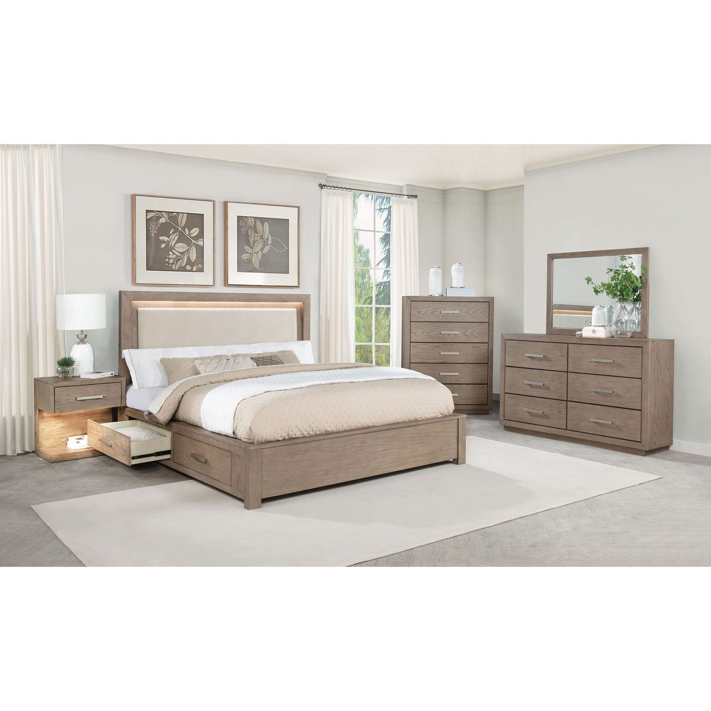 Gibbons - Barley California King LED Storage Bed With Upholstered Headboard And Built In Lighting - Brown