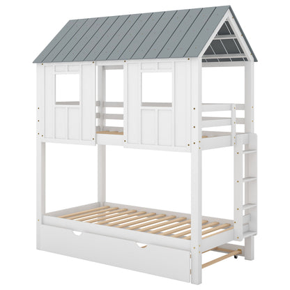 Twin Size House Bunk Bed With Trundle, Roof And Windows - White / Gray - The Sleep Loft - Online Mattress Showroom NYC