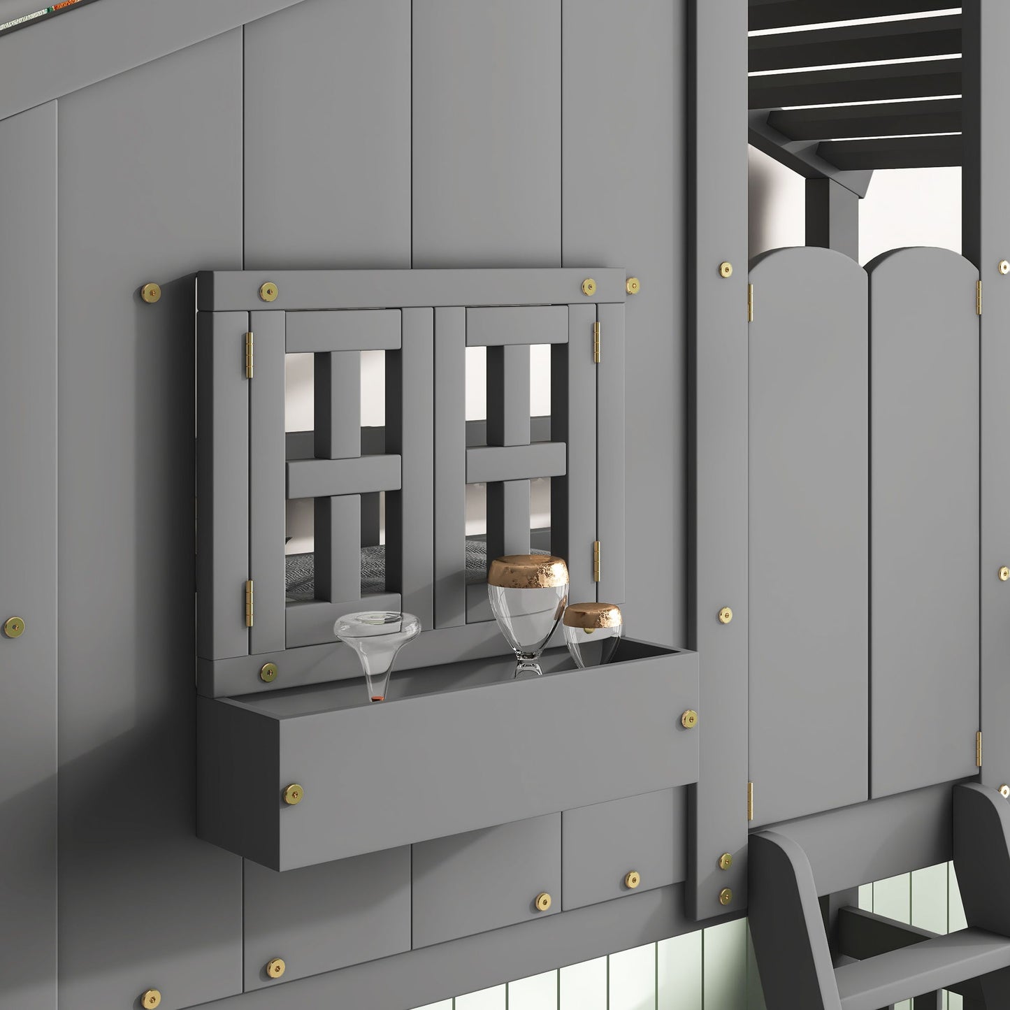 House Bunk Bed With Roof, Window, Window Box, Door, With Safety Guardrails And Ladder - The Sleep Loft - Online Mattress Showroom NYC