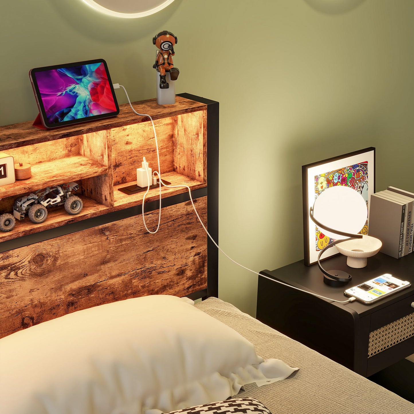 Modern Twin Size Metal Platform Bed Frame With Storage Headboard And Charging Station - Brown - The Sleep Loft - Online Mattress Showroom NYC