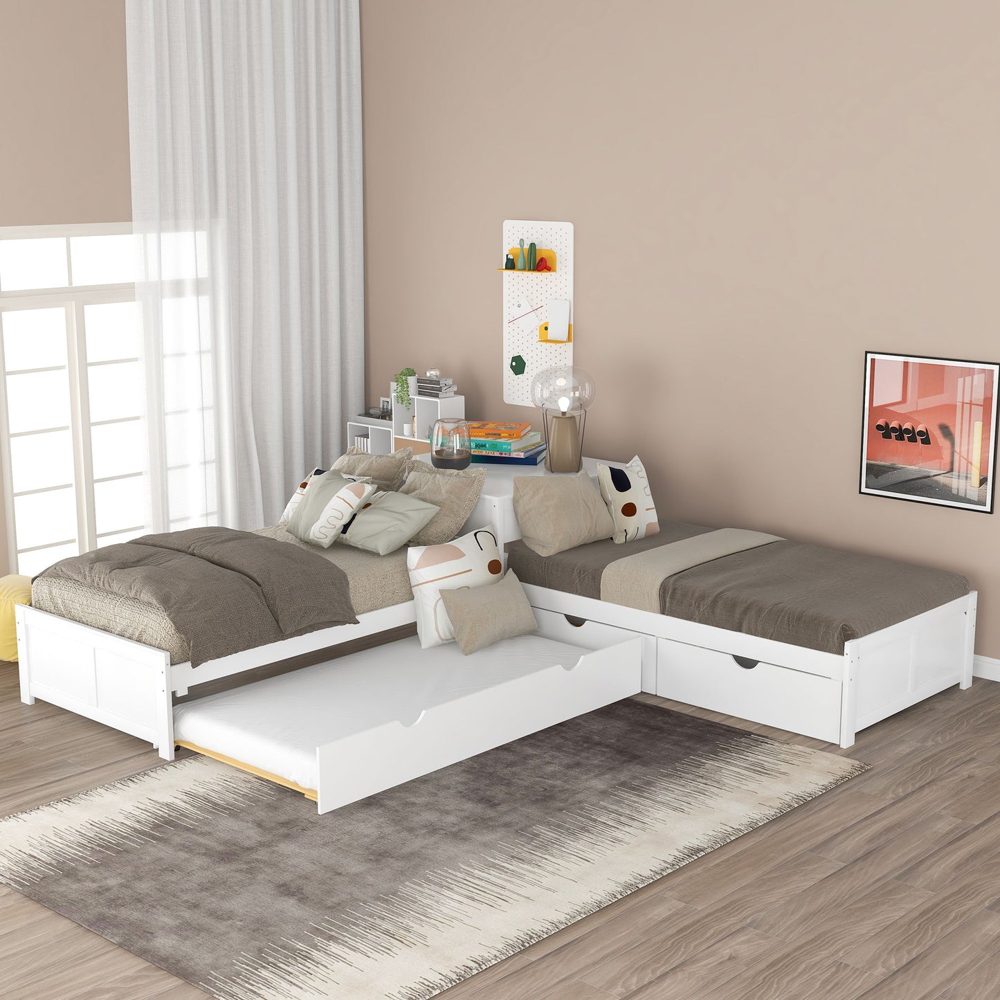 L Shaped Platform Bed With Trundle And Drawers Linked With Built In Desk - The Sleep Loft - Online Mattress Showroom NYC
