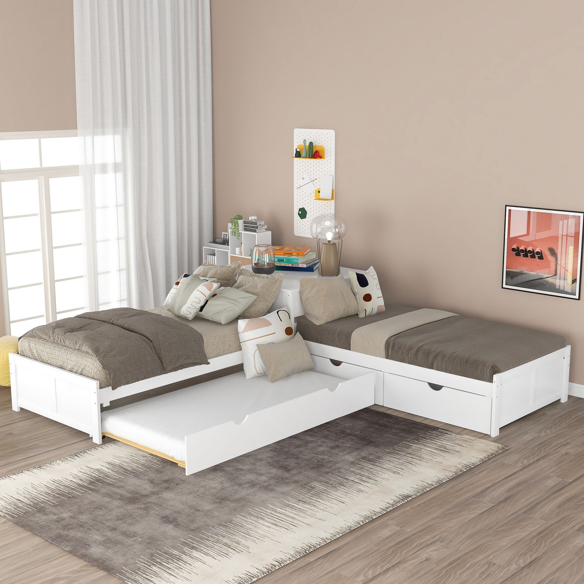 L Shaped Platform Bed With Trundle And Drawers Linked With Built In Desk - The Sleep Loft - Online Mattress Showroom NYC