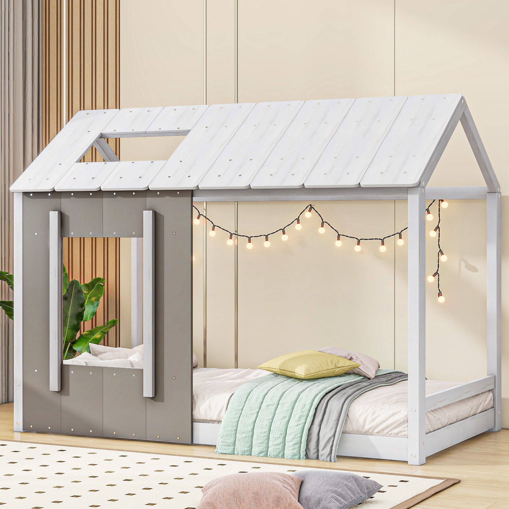 Twin Size House Platform Bed With Roof And Window - Natural / White - The Sleep Loft - Online Mattress Showroom NYC