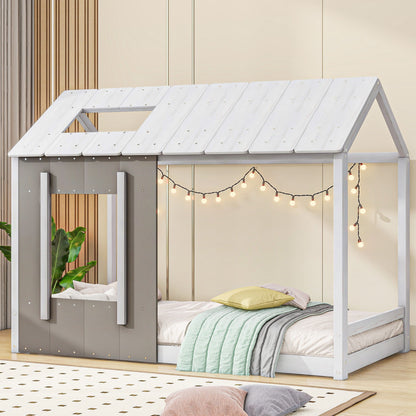 Twin Size House Platform Bed With Roof And Window - Natural / White - The Sleep Loft - Online Mattress Showroom NYC