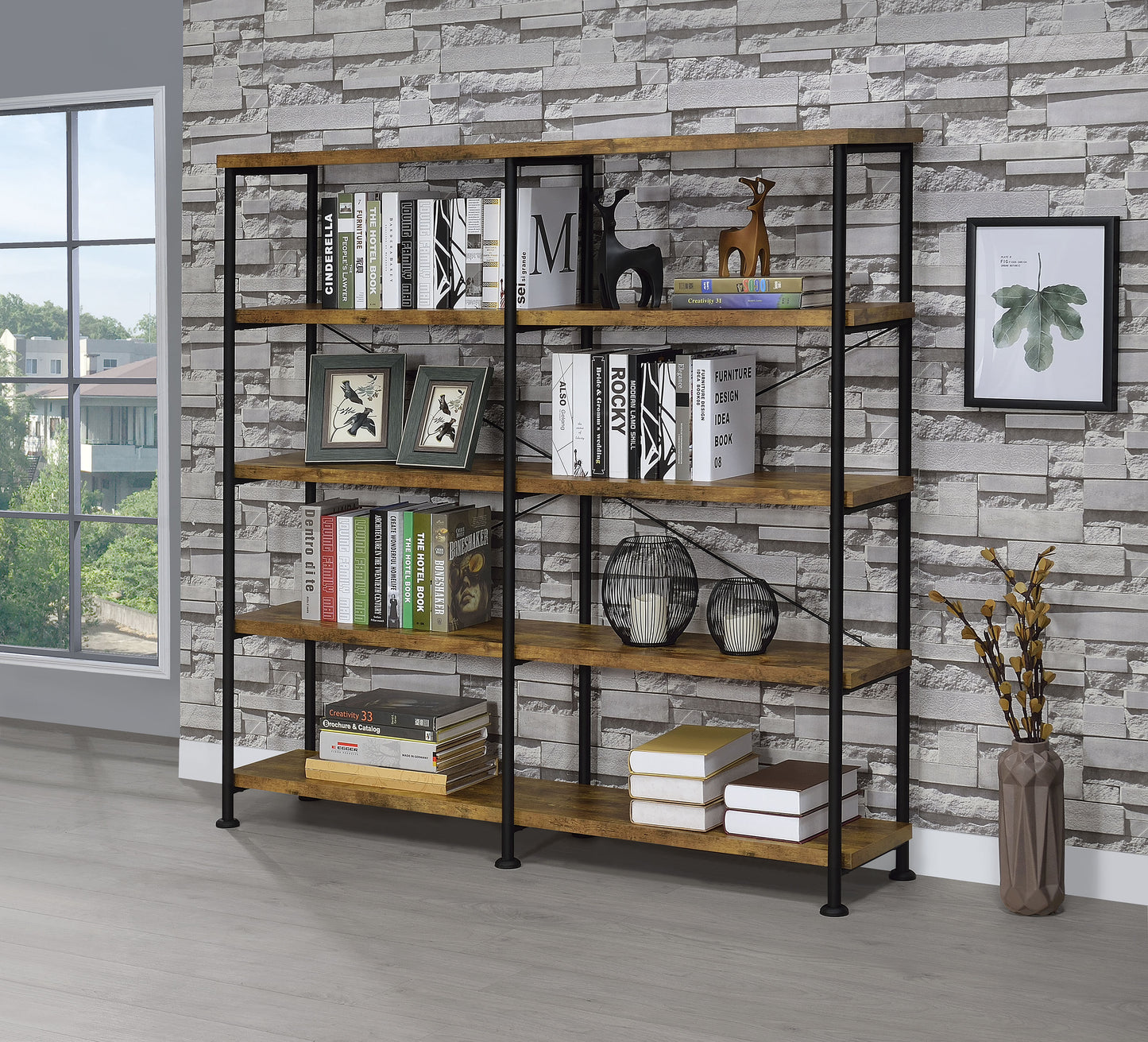 Analiese 63-inch 4-shelf Double Bookshelf Rustic Nutmeg