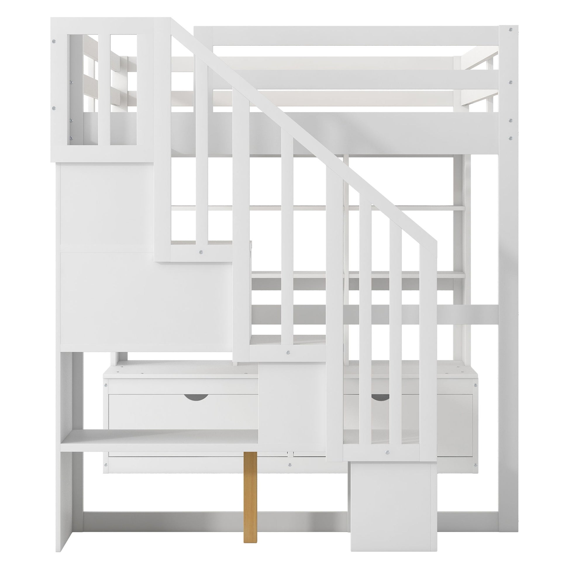 Full Size Loft Bed With Desk And Shelves, 2 Built In Drawers, Storage Staircase - White - The Sleep Loft - Online Mattress Showroom NYC