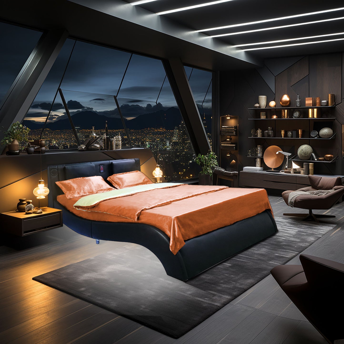 Queen Size Upholstered Platform Bed Frame With LED Lighting, Bluetooth Connection To Play Music Control, Backrest Vibration Massage, Curve Design, Wood Slat Support, Exhibited Speakers - Blac - The Sleep Loft - Online Mattress Showroom NYC