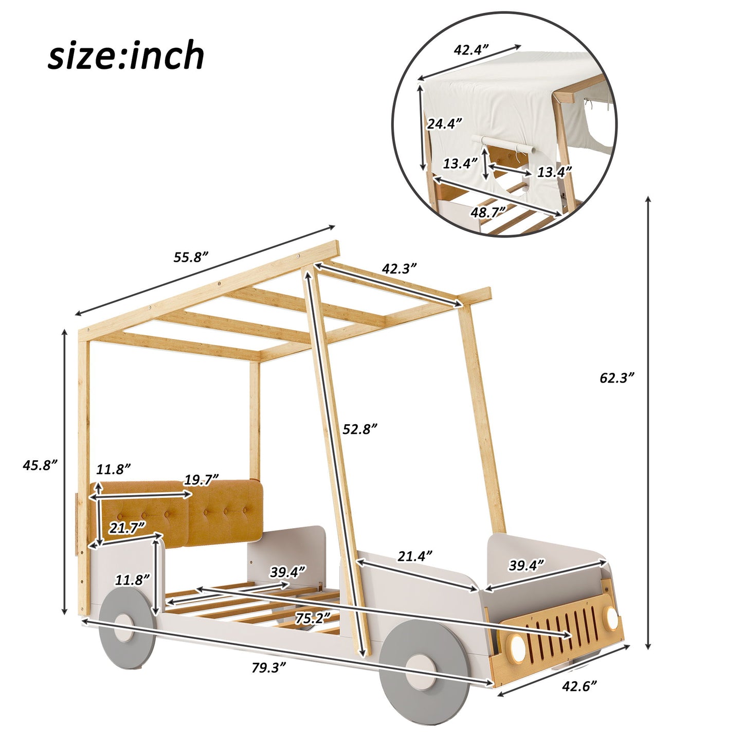 Twin Size Car Bed With Pillow, Ceiling Cloth And LED - Natural - The Sleep Loft - Online Mattress Showroom NYC