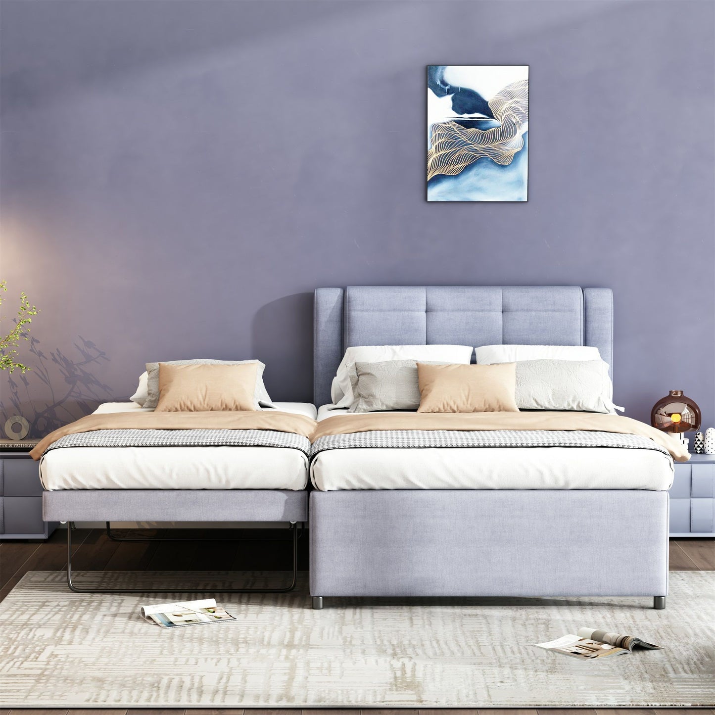 Upholstery Platform Bed With Trundle, Trundle Can Be Flat Or Erected - The Sleep Loft - Online Mattress Showroom NYC
