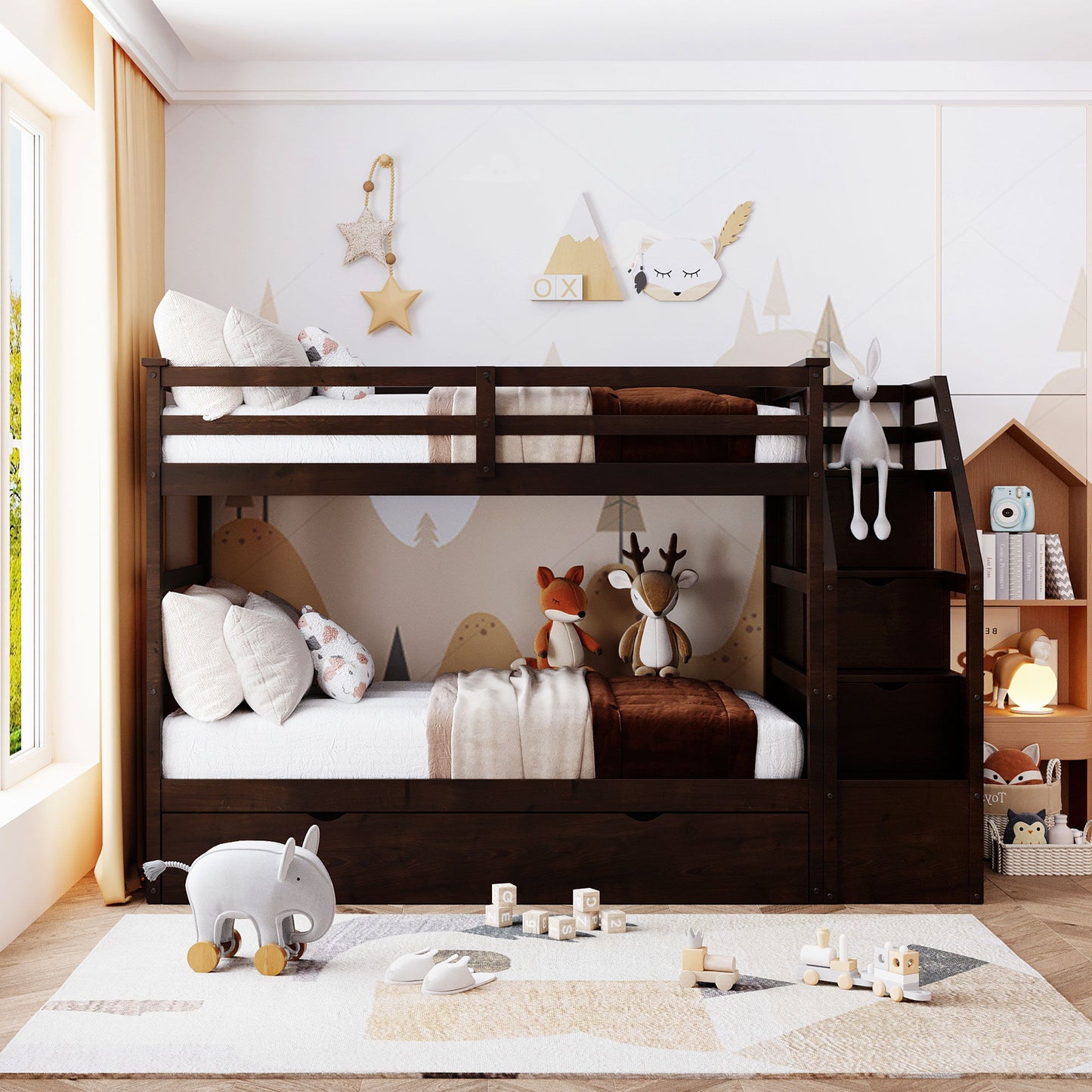 Twin Over Twin Bunk Bed With Twin Size Trundle And 3 Storage Stairs - Espresso - The Sleep Loft - Online Mattress Showroom NYC