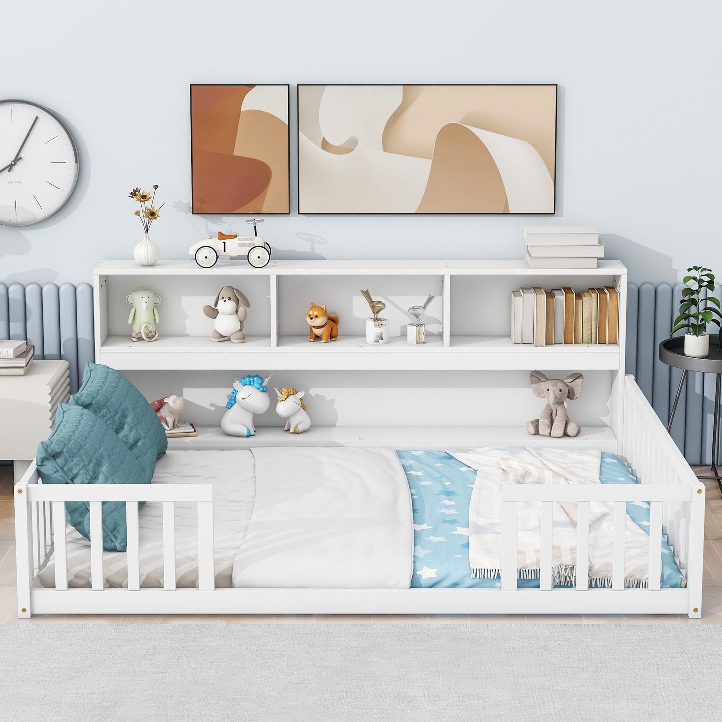 Floor Bed With Side Bookcase, Shelves, Guardrails - The Sleep Loft - Online Mattress Showroom NYC