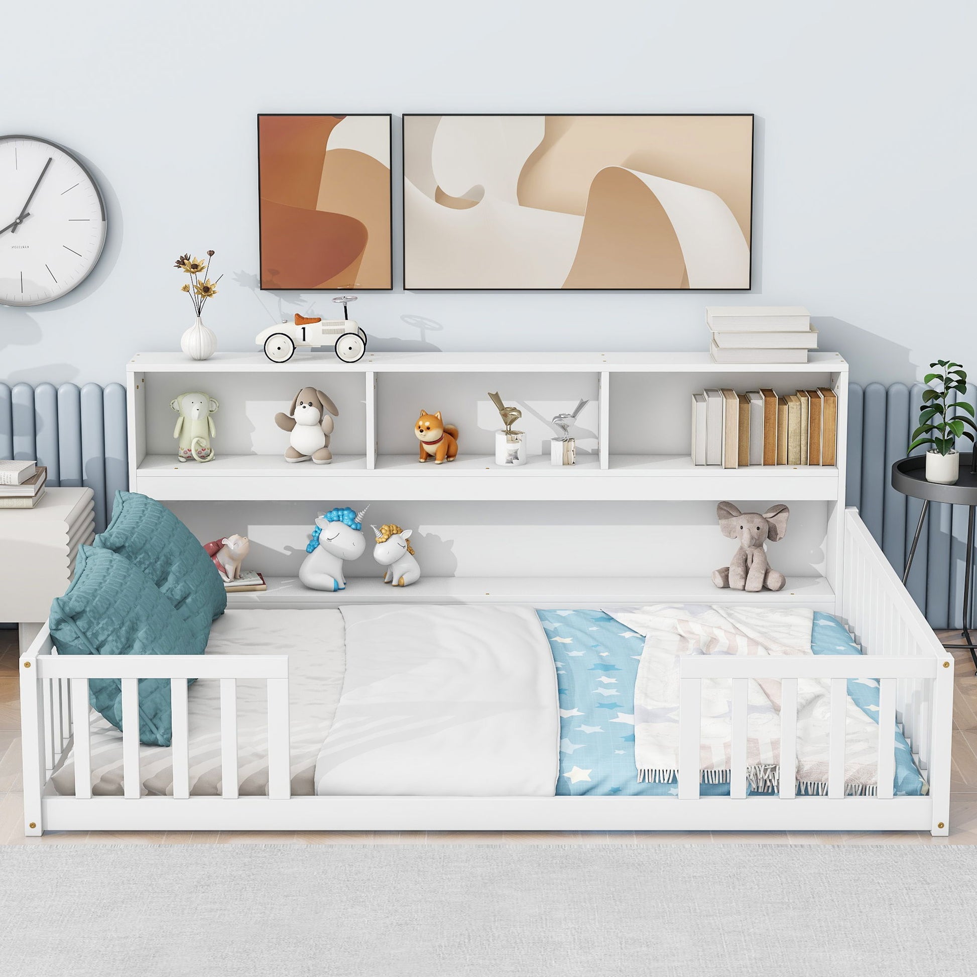 Floor Bed With Side Bookcase, Shelves, Guardrails - The Sleep Loft - Online Mattress Showroom NYC