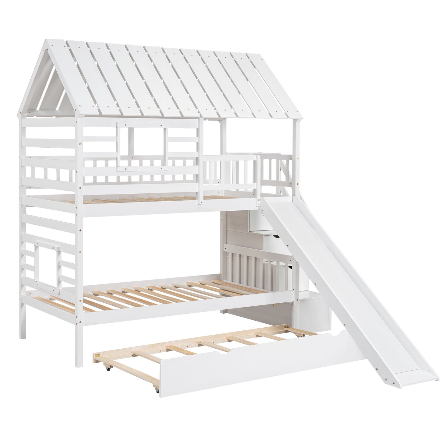 House Bunk Bed With Trundle, Storage Staircase, Roof And Window Design - The Sleep Loft - Online Mattress Showroom NYC