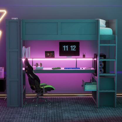 Gaming Loft Bed With Desk, Multi Storage Shelves, LED And Charging Station - The Sleep Loft - Online Mattress Showroom NYC
