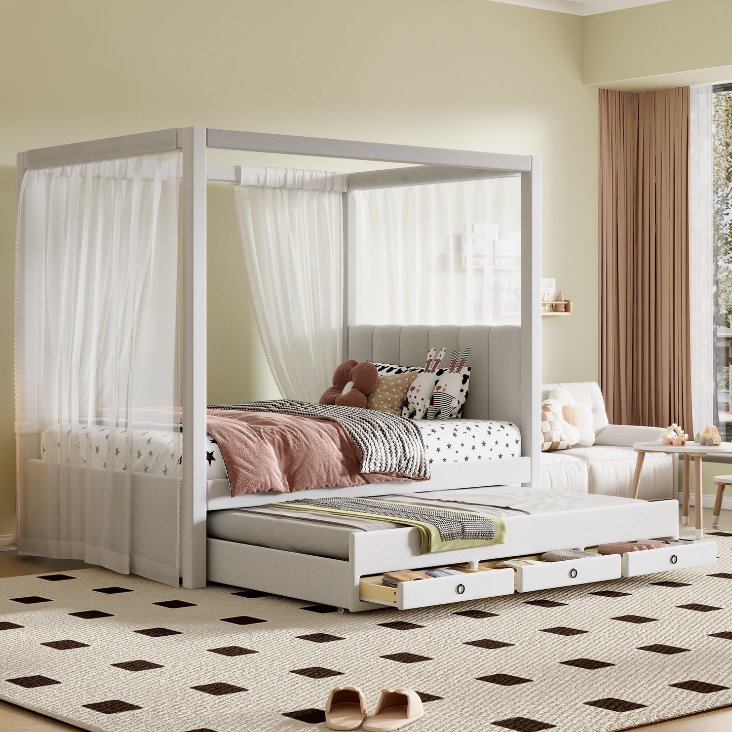 Upholstery Canopy Platform Bed With Trundle And Three Storage Drawers - The Sleep Loft - Online Mattress Showroom NYC