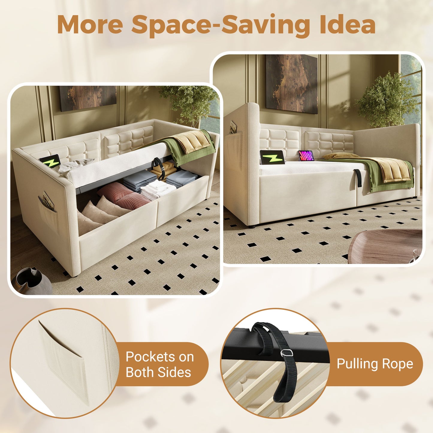 Upholstered Hydraulic Storage Daybed With USB & Type C Charging - The Sleep Loft - Online Mattress Showroom NYC