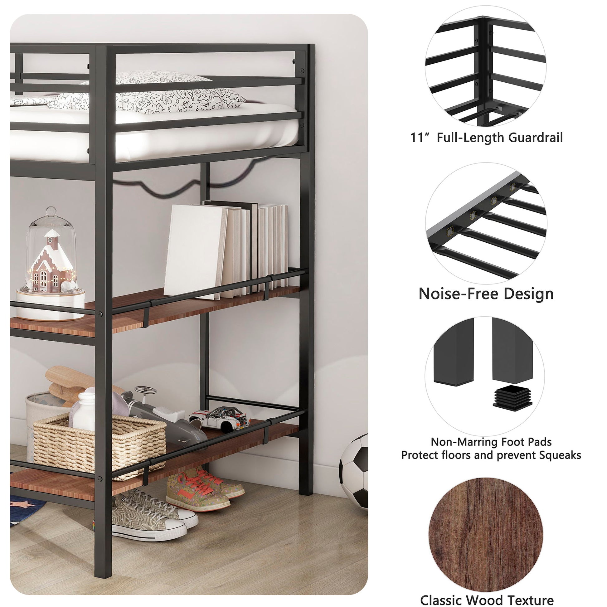Adam - Twin Loft Bunk Bed With Cinnamon Wood Shelf - Black - The Sleep Loft - Online Mattress Showroom NYC