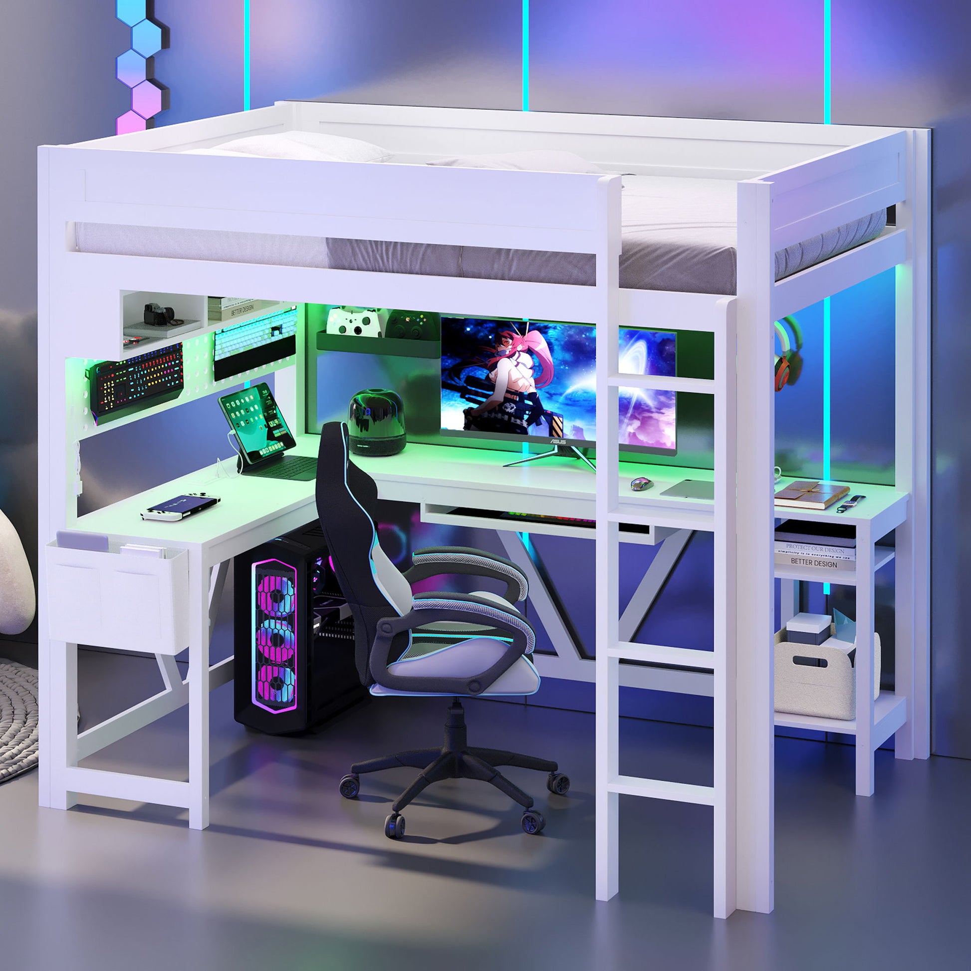 Gaming Loft Bed With Desk, Storage Shelves, LED And Charging Station - The Sleep Loft - Online Mattress Showroom NYC