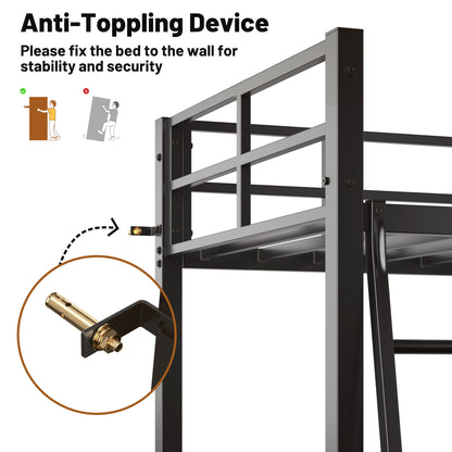 Twin Metal Loft Bed With L - Shaped Desk, Charging Station Loft Bed Frame Twin Size, Safety Guard & Ladder, No Box Spring Needed - Black - The Sleep Loft - Online Mattress Showroom NYC
