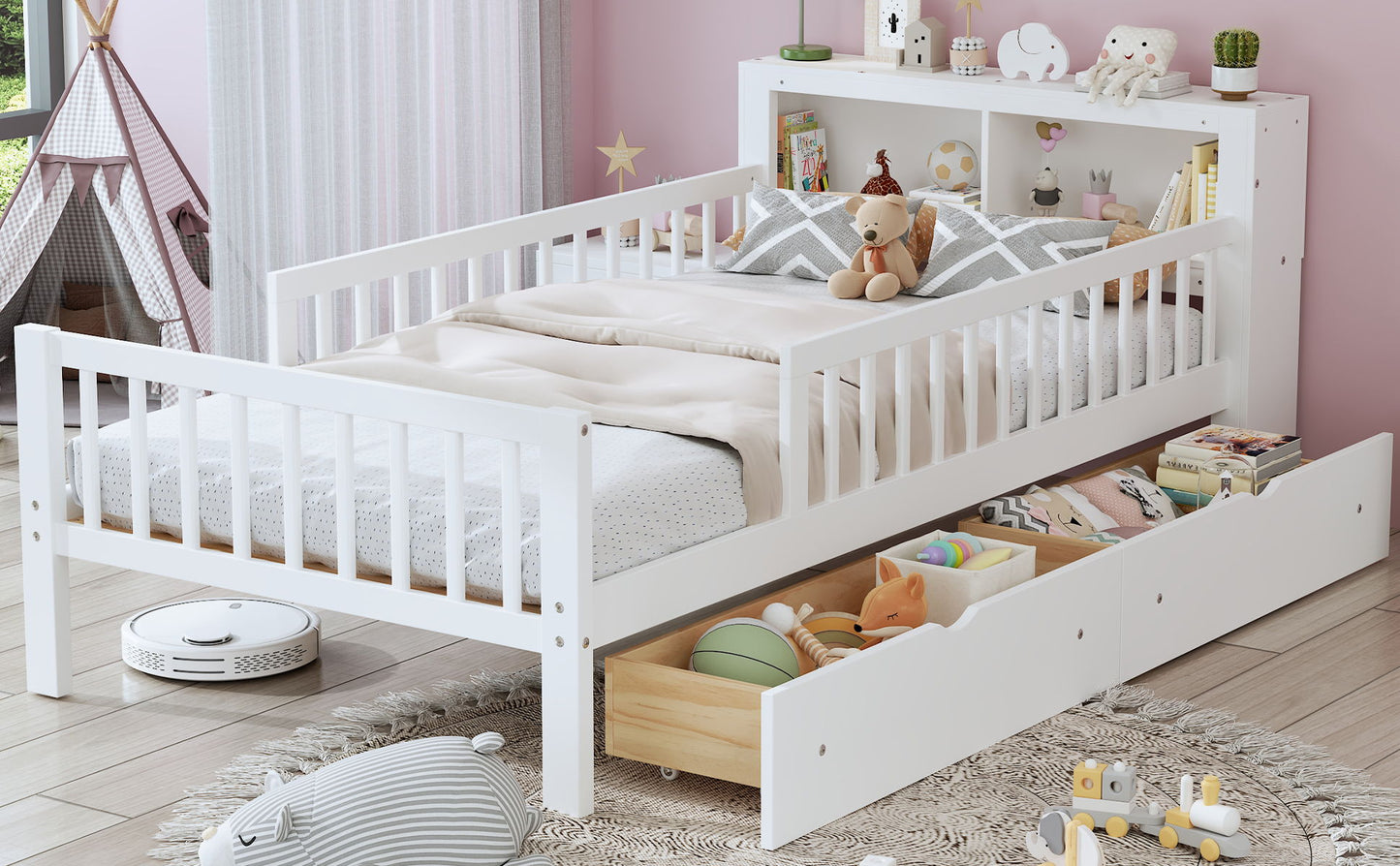 Bed With Headboard Storage Rack, 2 Under Bed Drawers, 3 Side Guardrails For Safety - The Sleep Loft - Online Mattress Showroom NYC