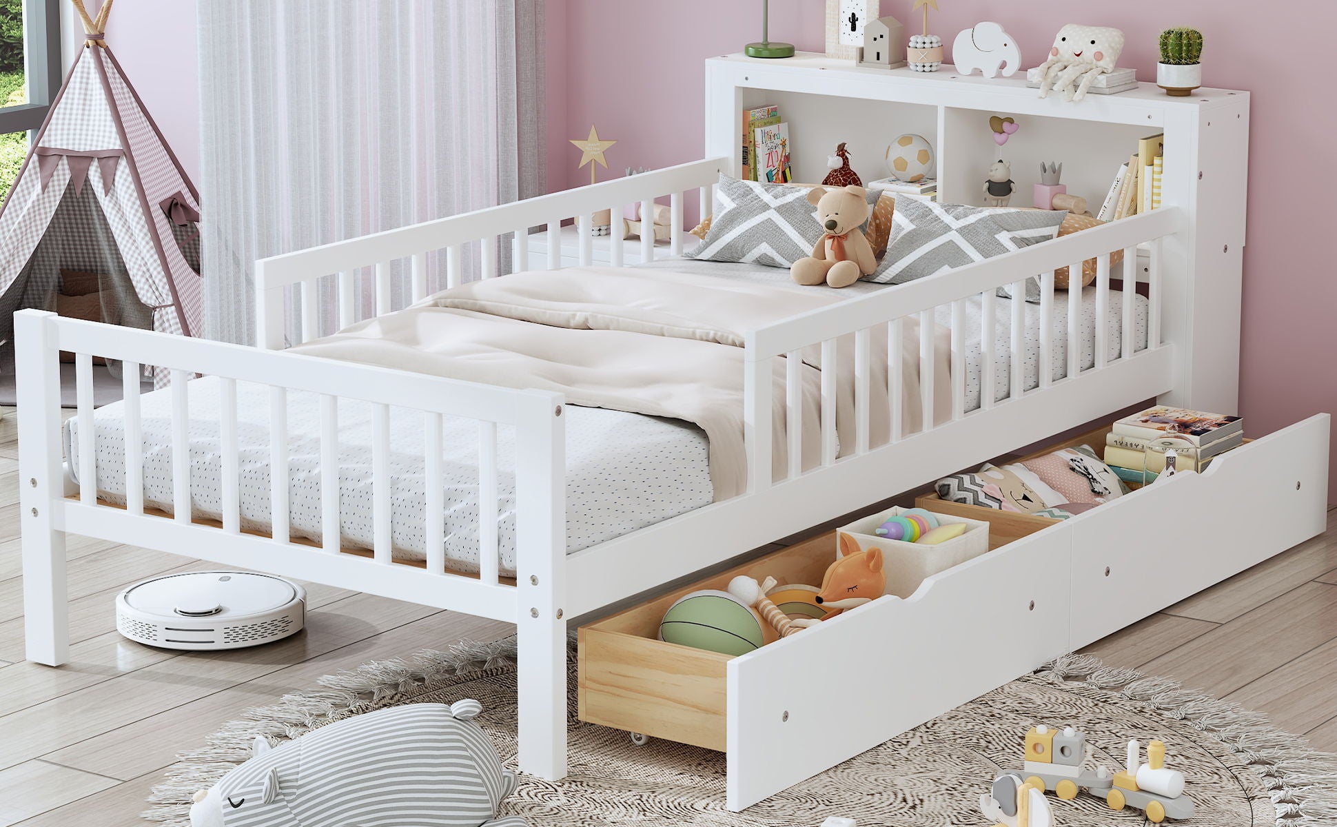 Bed With Headboard Storage Rack, 2 Under Bed Drawers, 3 Side Guardrails For Safety - The Sleep Loft - Online Mattress Showroom NYC