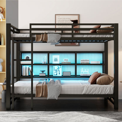 Queen Over Queen Bunk Bed With Storage Cabinets And LED Sturdy Frame, 6 Storage Units, Adjustable LED Lights - Black - The Sleep Loft - Online Mattress Showroom NYC