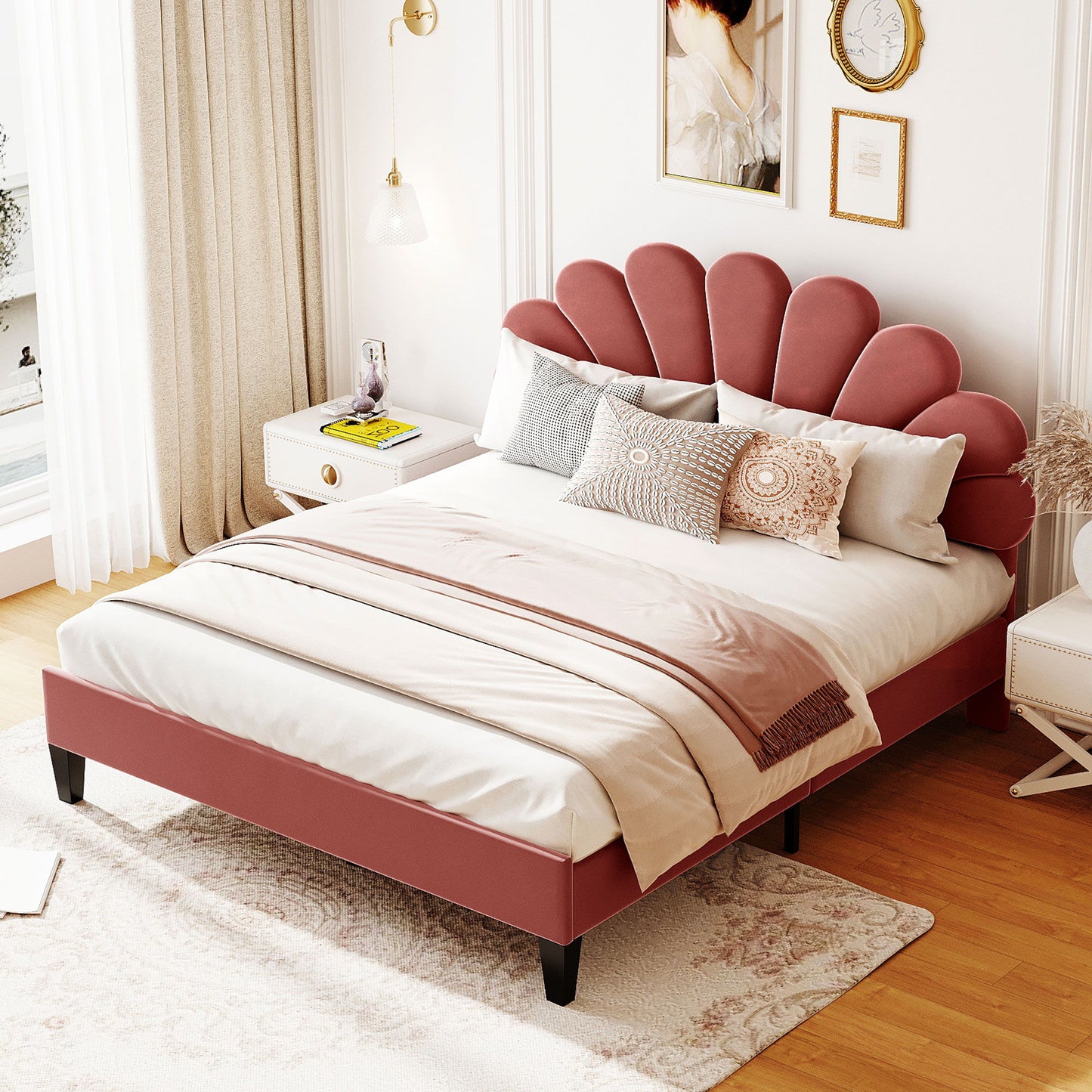 Upholstered Platform Bed With Flower Pattern Velvet Headboard - The Sleep Loft - Online Mattress Showroom NYC