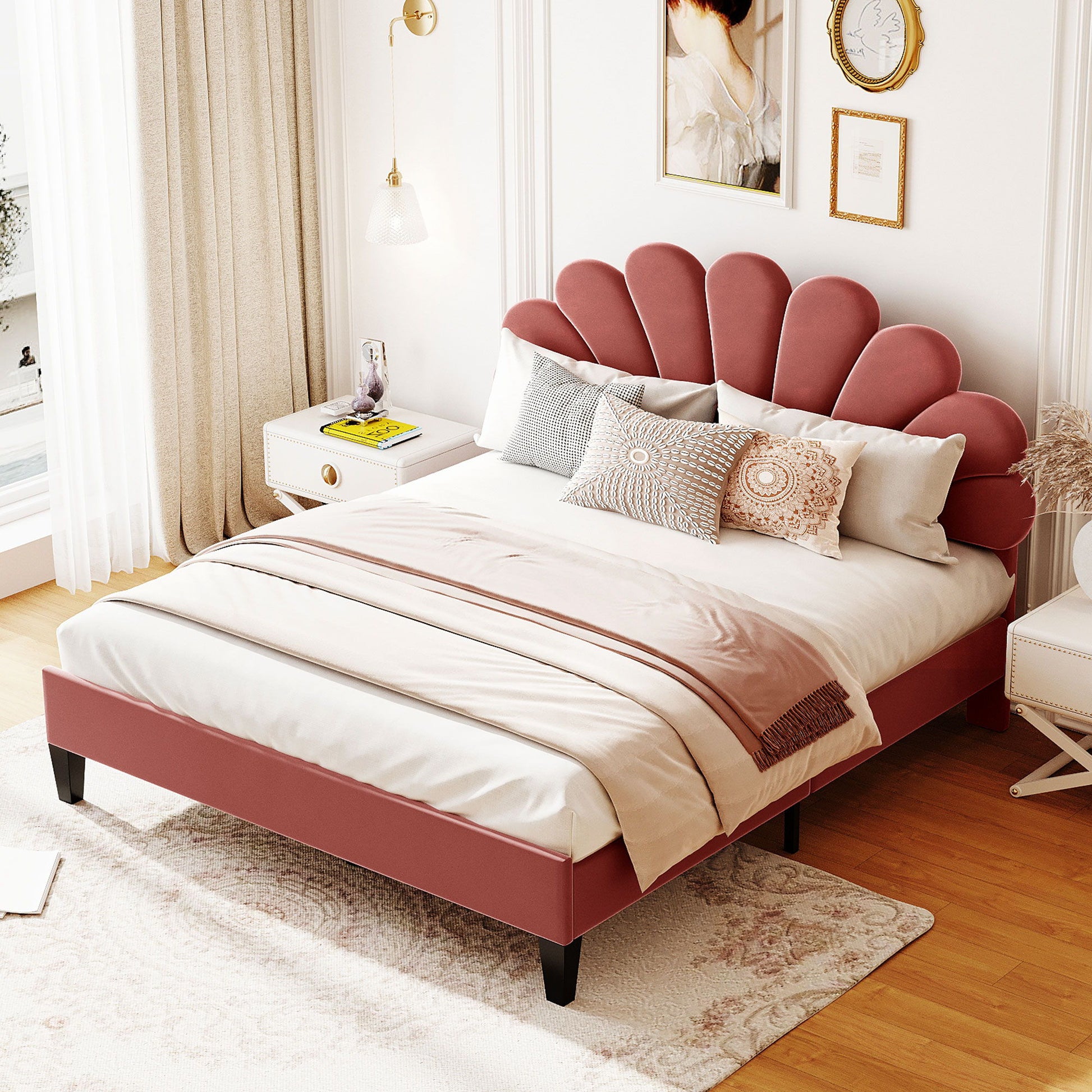 Upholstered Platform Bed With Flower Pattern Velvet Headboard - The Sleep Loft - Online Mattress Showroom NYC
