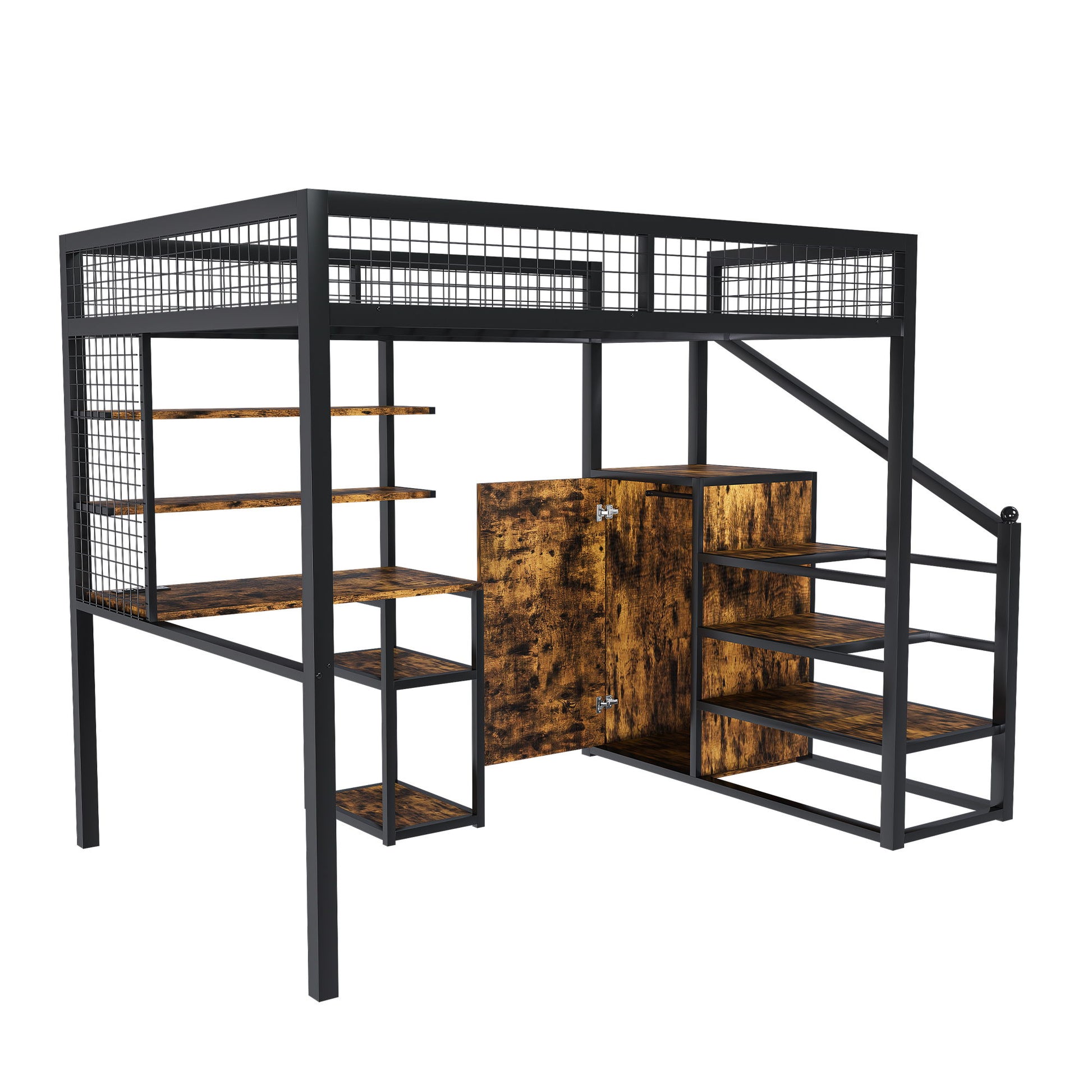 Full Size Loft Bed With Desk & Wardrobe Heavy Frame, Built In Staircase, Storage Rack & Shelves Gaming Bed - Black - The Sleep Loft - Online Mattress Showroom NYC