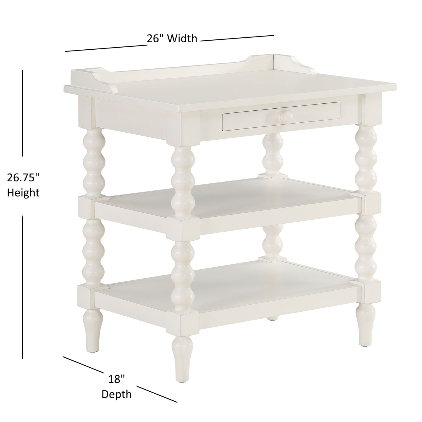 Aria - Nightstand With Styling, 2 Shelves, Pull Out Tray, Spool Turned Legs - Antique White - The Sleep Loft - Online Mattress Showroom NYC