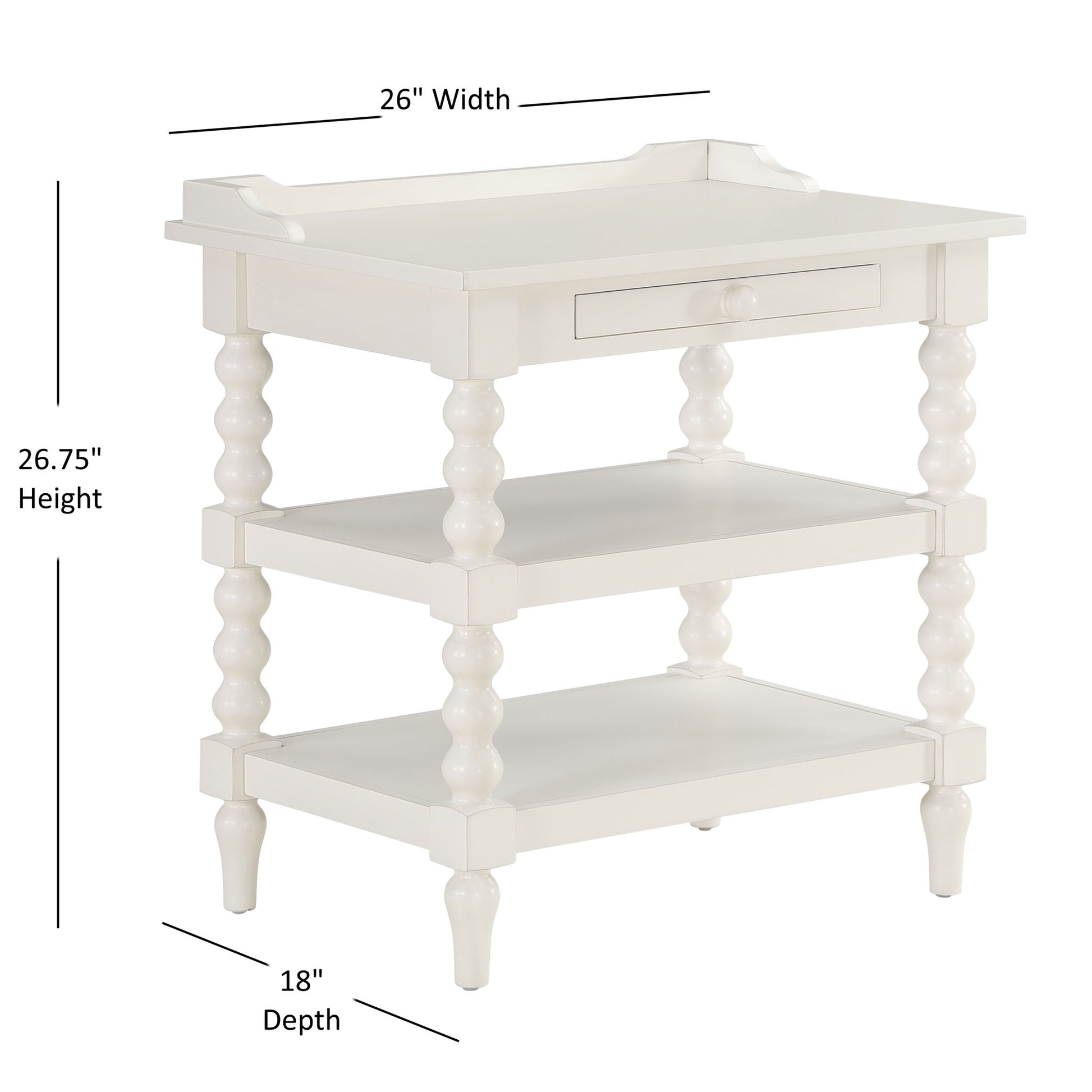 Aria - Nightstand With Styling, 2 Shelves, Pull Out Tray, Spool Turned Legs - Antique White - The Sleep Loft - Online Mattress Showroom NYC