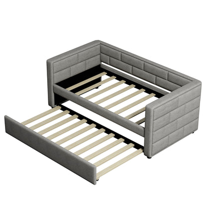 Upholstered Twin Size Daybed With Trundle, Padded Back And Sides - Gray - The Sleep Loft - Online Mattress Showroom NYC