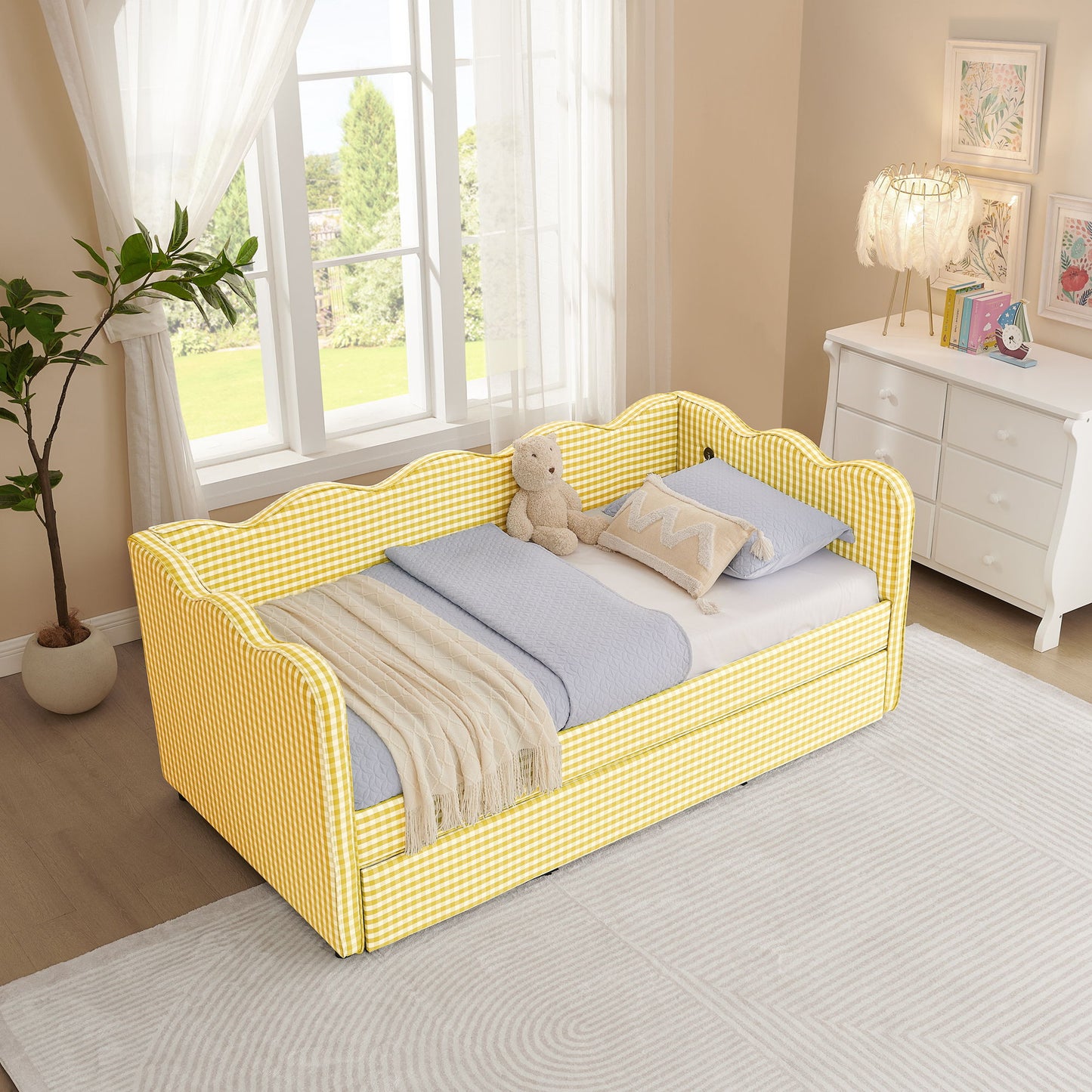 Gingham Daybed With USB Charging Port, Wave-Shaped Design - The Sleep Loft - Online Mattress Showroom NYC