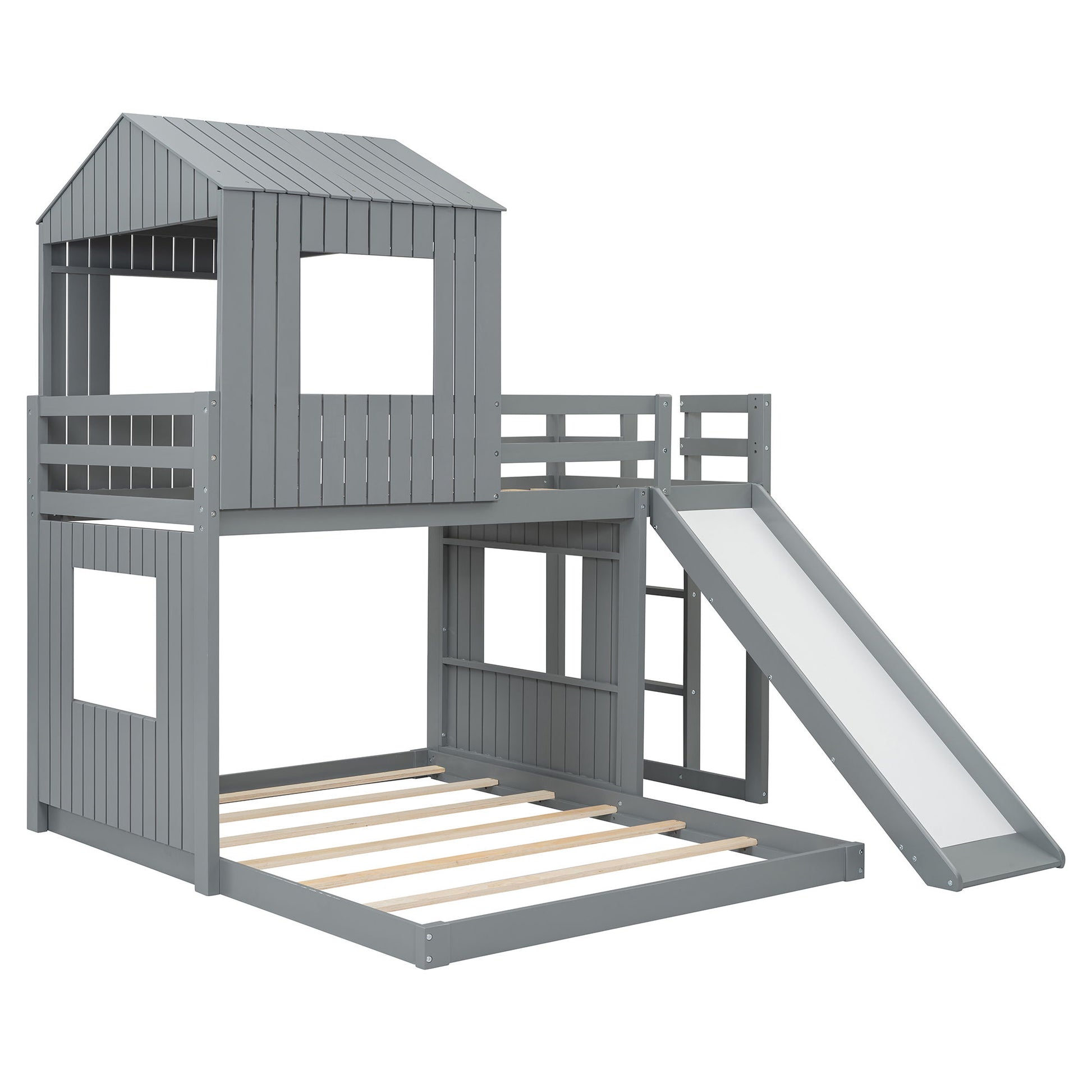Loft Bunk Bed With Playhouse, Farmhouse, Ladder, Slide And Guardrails - The Sleep Loft - Online Mattress Showroom NYC
