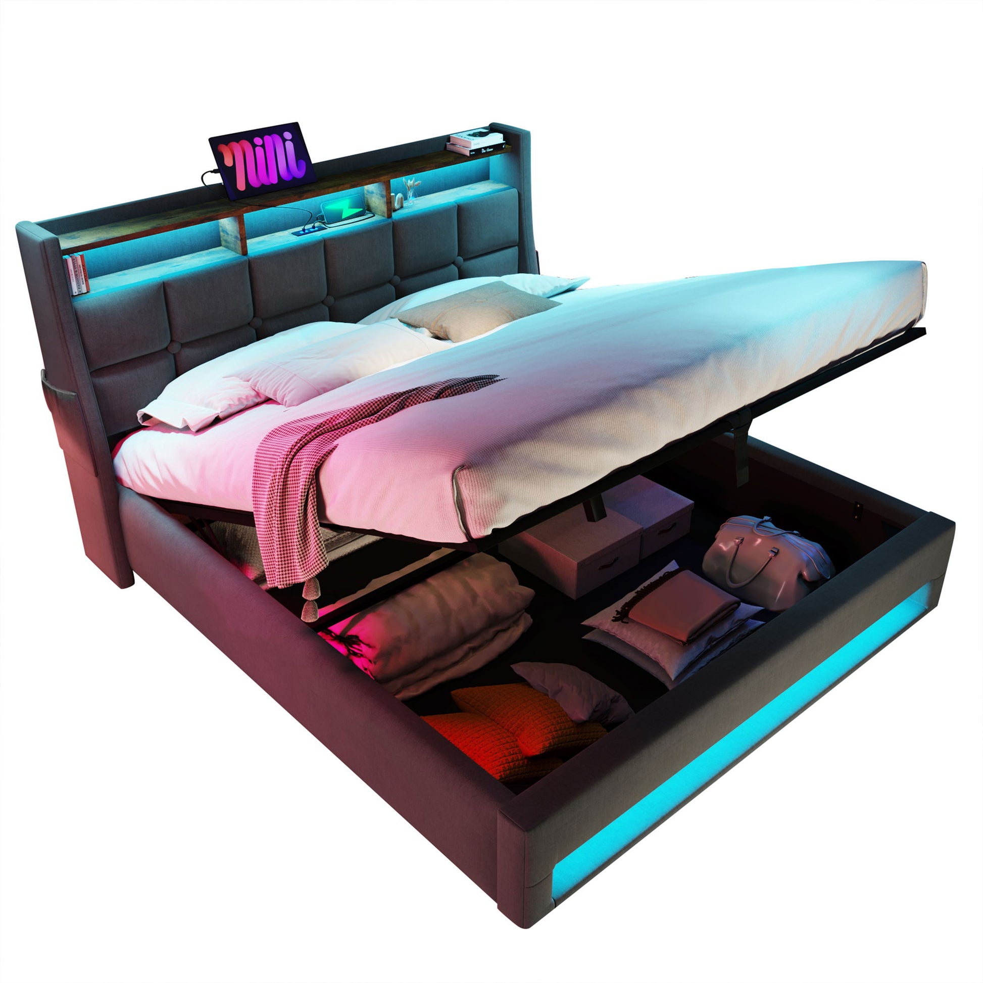 Upholstered Platform Bed With A Hydraulic Storage System, LED And USB Charging (Without Mattress) - The Sleep Loft - Online Mattress Showroom NYC