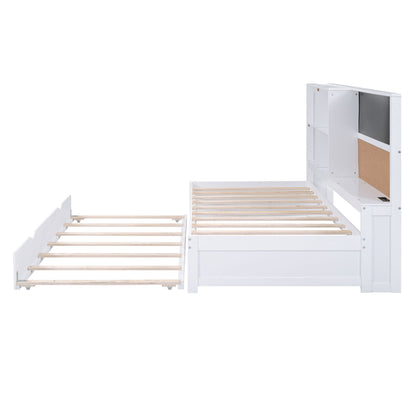 Twin Size Daybed With Storage Shelvesboard, Cork Board, USB Ports And Trundle - White - The Sleep Loft - Online Mattress Showroom NYC