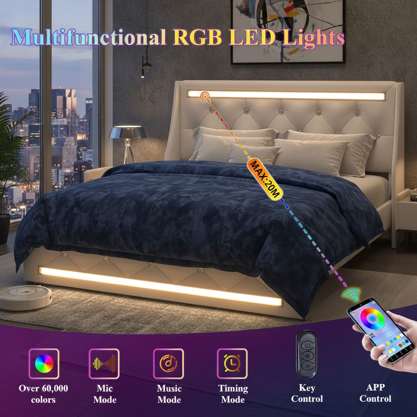 Wingback Upholstered Bed Frame With LED Lights, Charging Station - The Sleep Loft - Online Mattress Showroom NYC