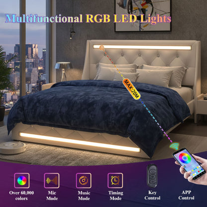 Wingback Upholstered Bed Frame With LED Lights, Charging Station - The Sleep Loft - Online Mattress Showroom NYC