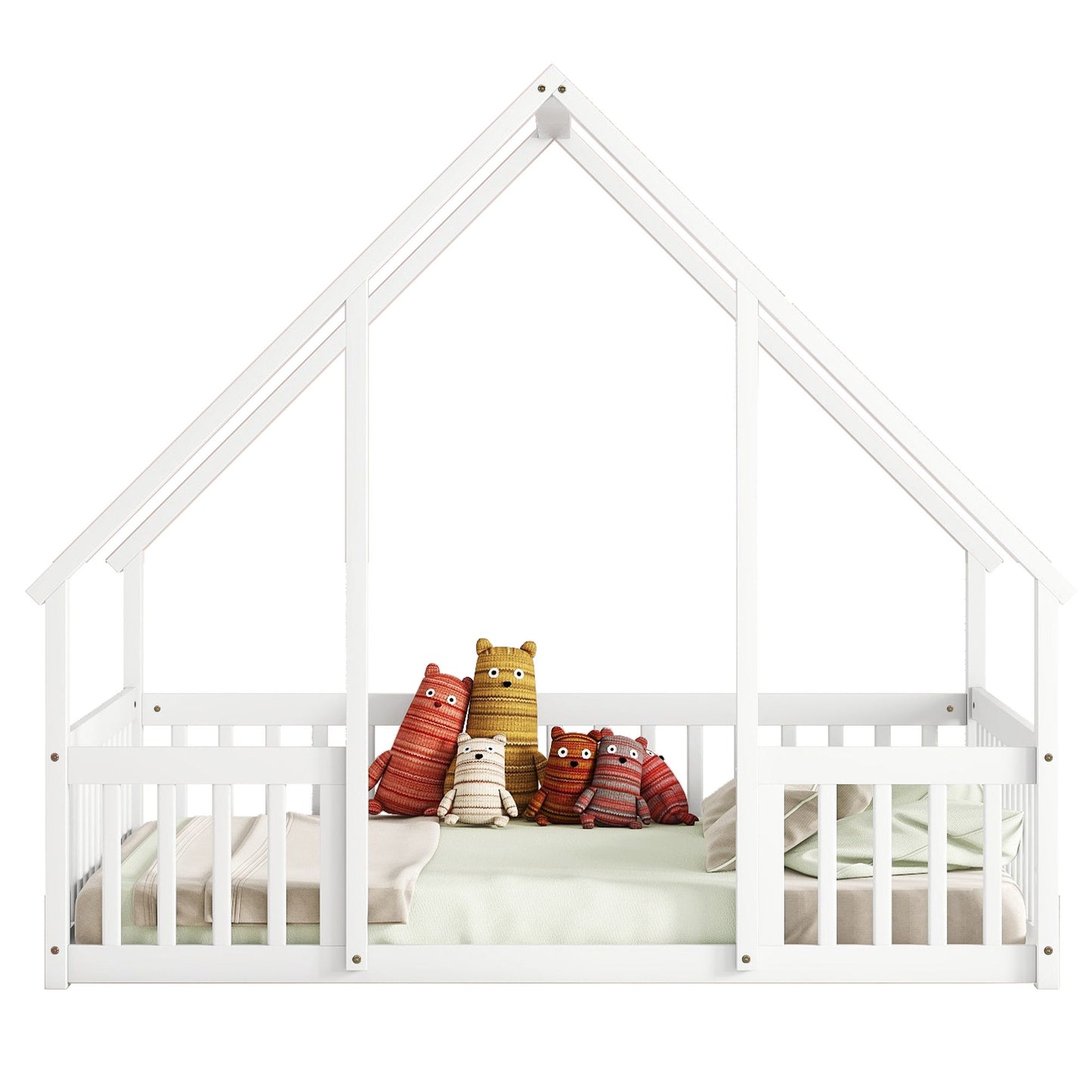 Wood House-Shaped Floor Bed With Fence, Guardrails - The Sleep Loft - Online Mattress Showroom NYC