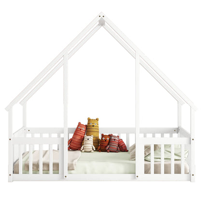 Wood House-Shaped Floor Bed With Fence, Guardrails - The Sleep Loft - Online Mattress Showroom NYC