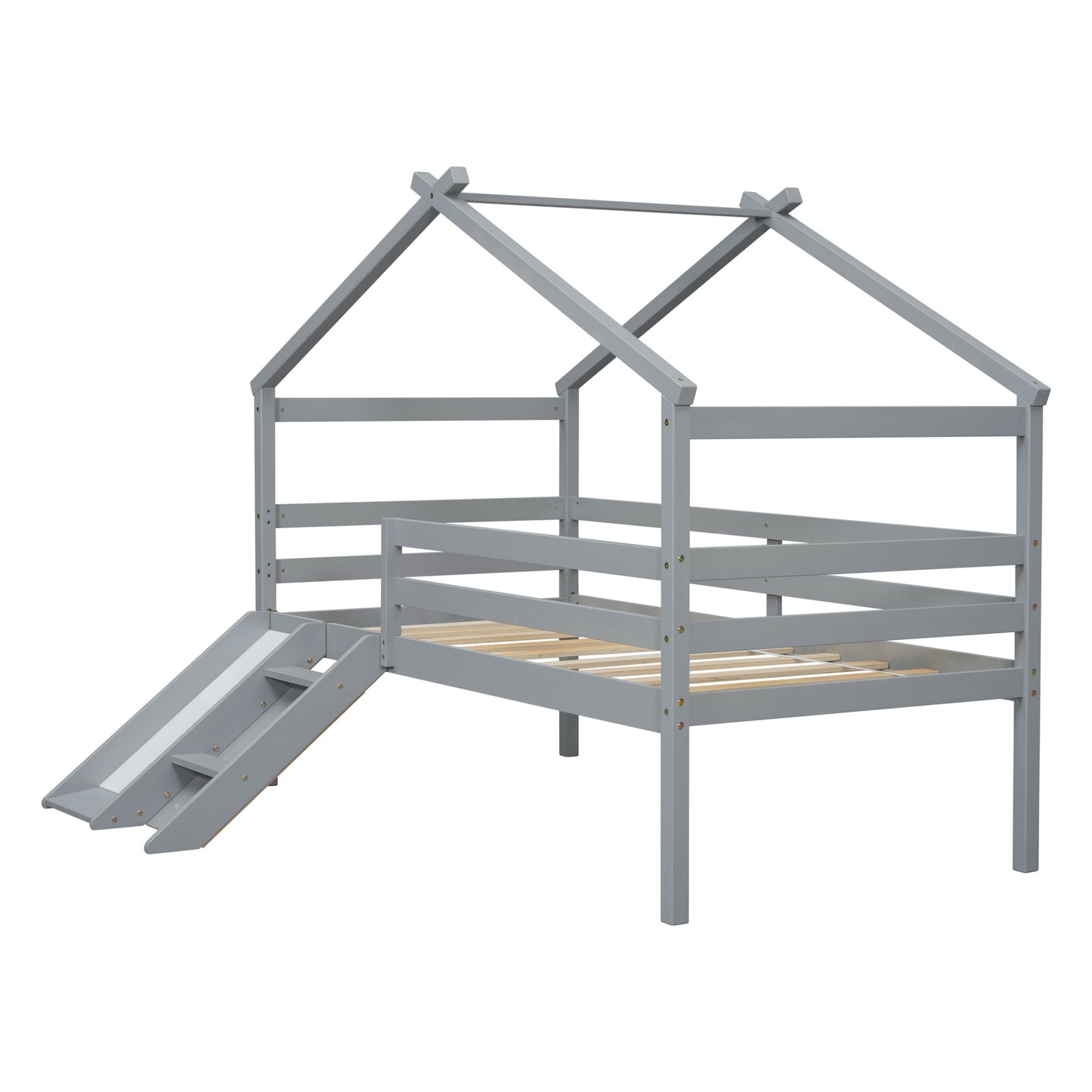 Low Loft House Bed With Slide, Ladder, Safety Guardrails, House Roof Frame - The Sleep Loft - Online Mattress Showroom NYC