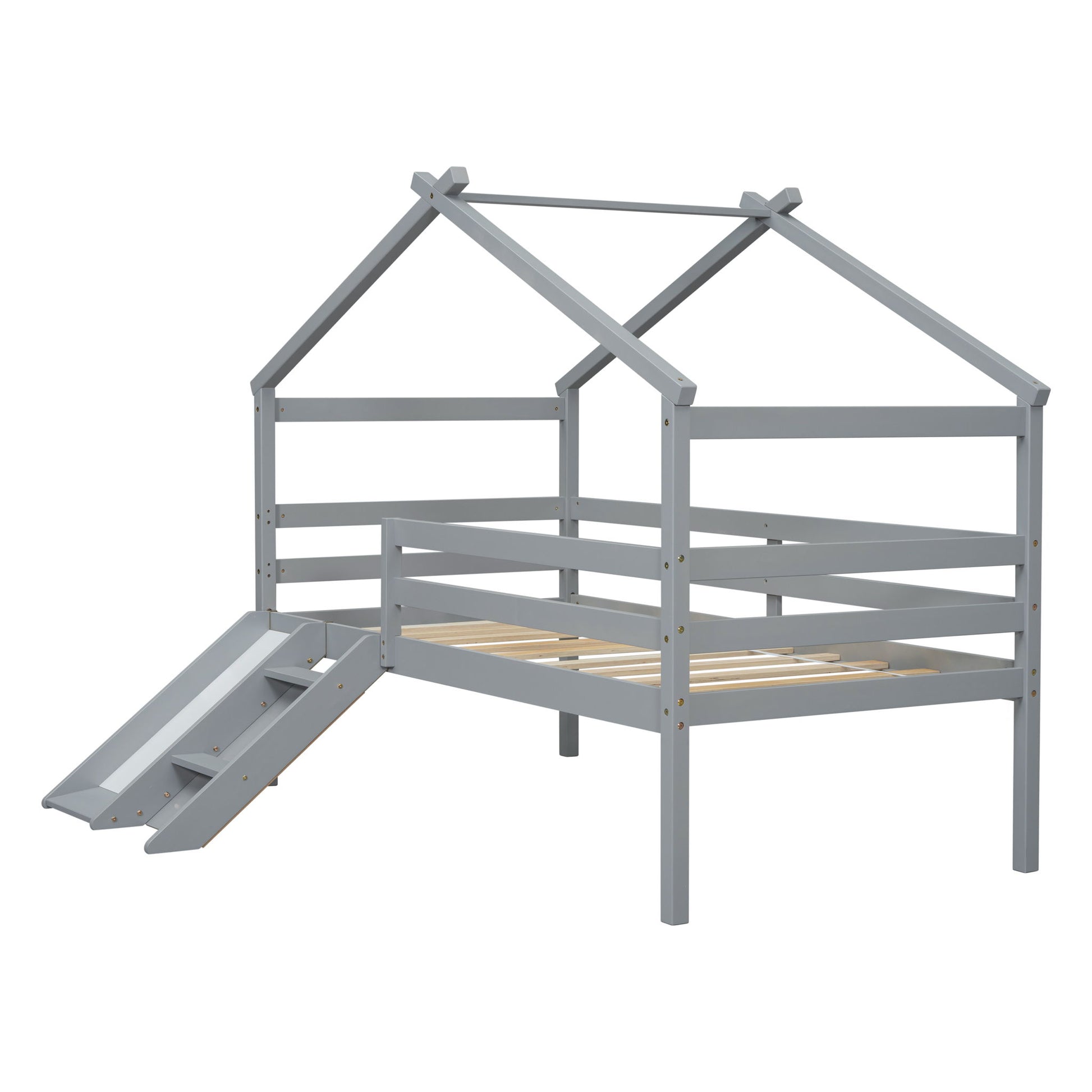 Low Loft House Bed With Slide, Ladder, Safety Guardrails, House Roof Frame - The Sleep Loft - Online Mattress Showroom NYC