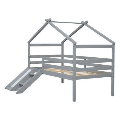 Low Loft House Bed With Slide, Ladder, Safety Guardrails, House Roof Frame - The Sleep Loft - Online Mattress Showroom NYC