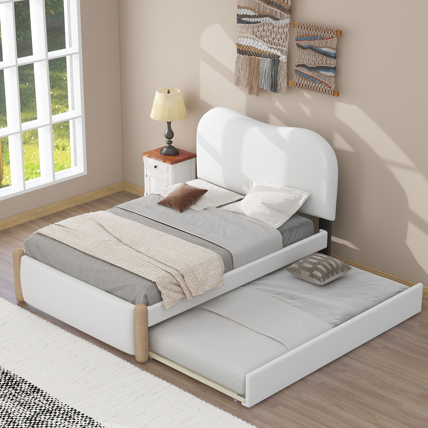 Upholstered Platform Bed With Wood Supporting Feet And Trundle - The Sleep Loft - Online Mattress Showroom NYC