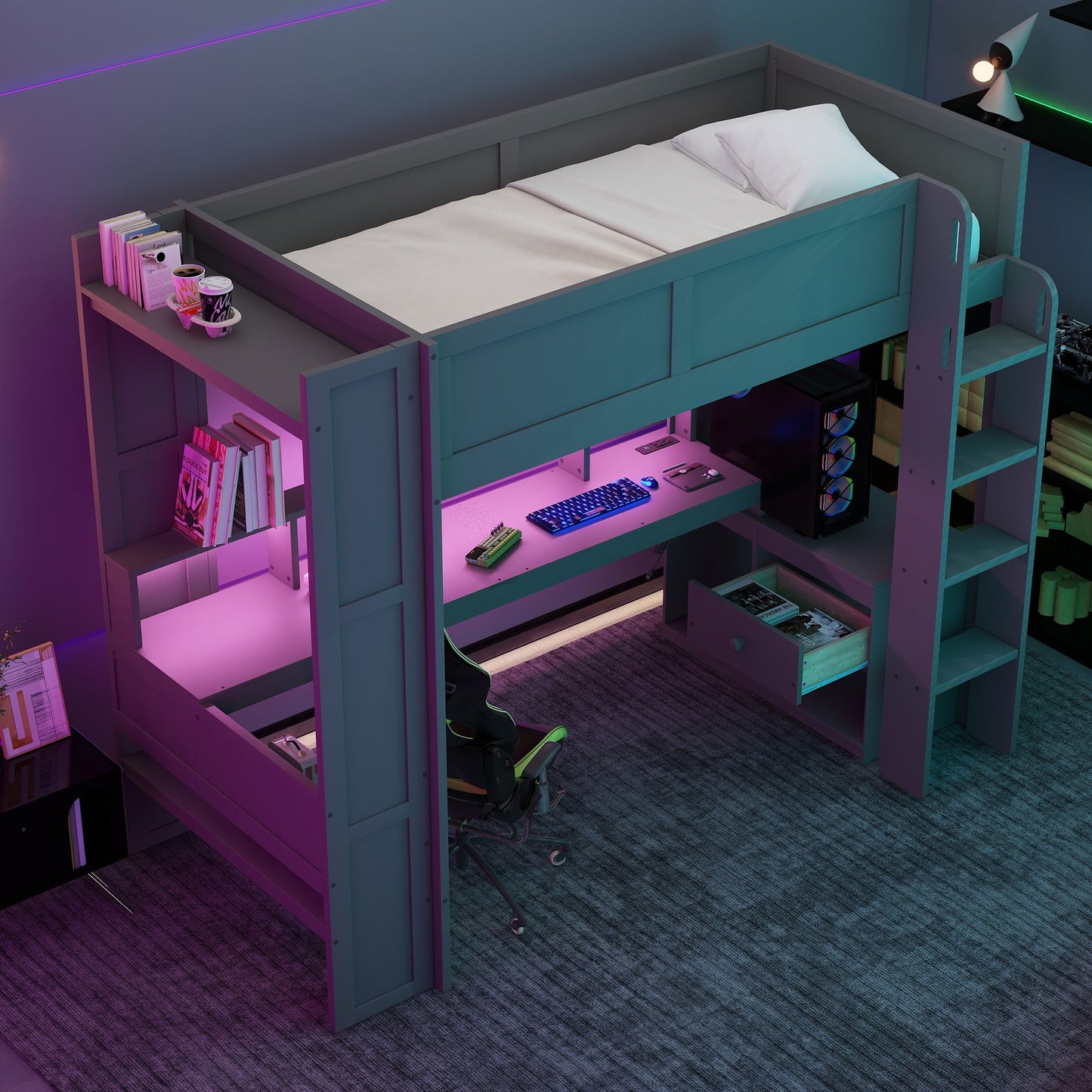 Gaming Loft Bed With Desk, Multi Storage Shelves, LED And Charging Station - The Sleep Loft - Online Mattress Showroom NYC