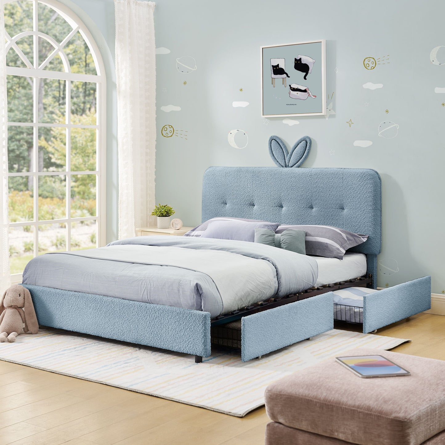 Upholstered Bed With Oversized Rabbit Ear Headboard, LED Lights & 4 Storage Drawers - The Sleep Loft - Online Mattress Showroom NYC