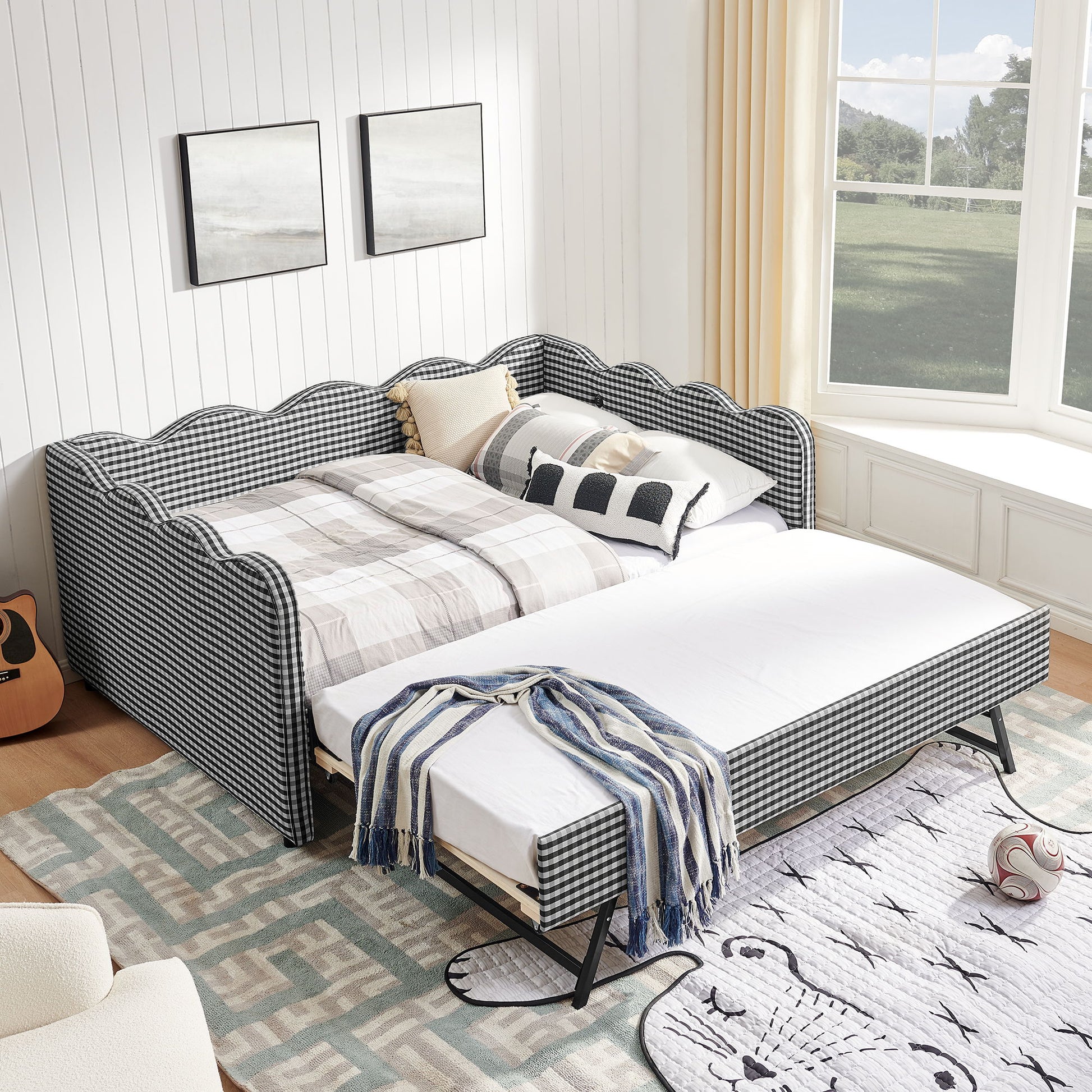 Gingham Daybed With USB Charging Port, Wave-Shaped Design - The Sleep Loft - Online Mattress Showroom NYC